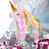 LUMALAND Pinata Einhorn - Set zum Befüllen mit holografischem Einhorn, Schläger, Maske und 50g Konfetti für Kindergeburtstag.