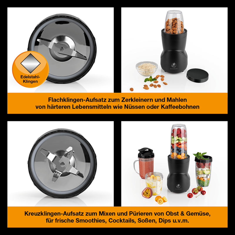 KOCHWERK Multifunktions-Mixer - Schwarz mit Edelstahlklingenaufsätzen zum Zerkleinern, Mahlen, Mixen und Pürieren von Lebensmitteln.