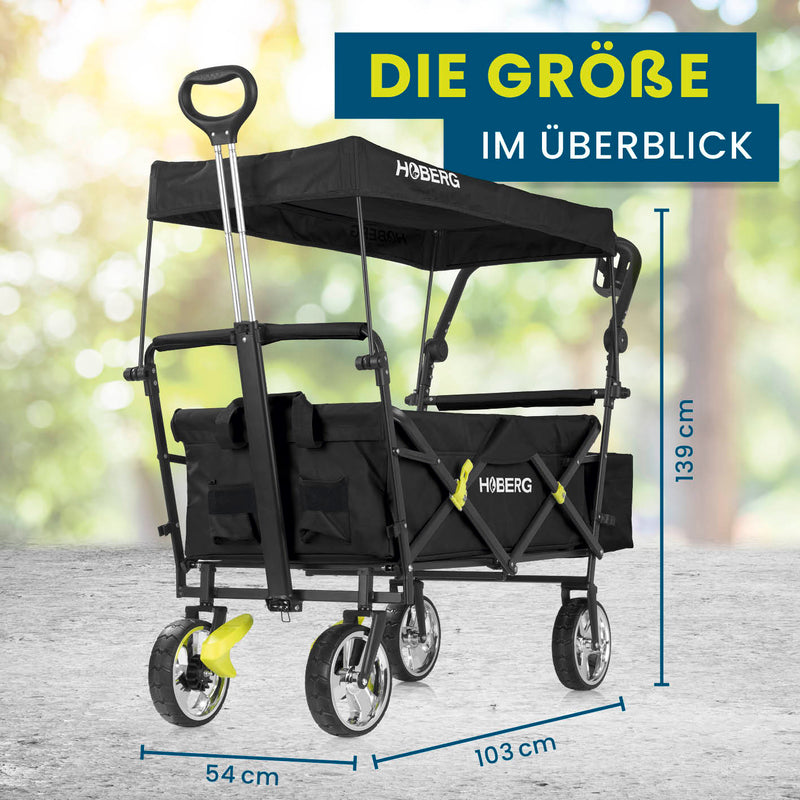 HOBERG faltbarer Bollerwagen mit Dach, 139x54x103 cm, schwarz, stabil, mit Griff, wasserfestem Dach und 360° Vorderrädern.