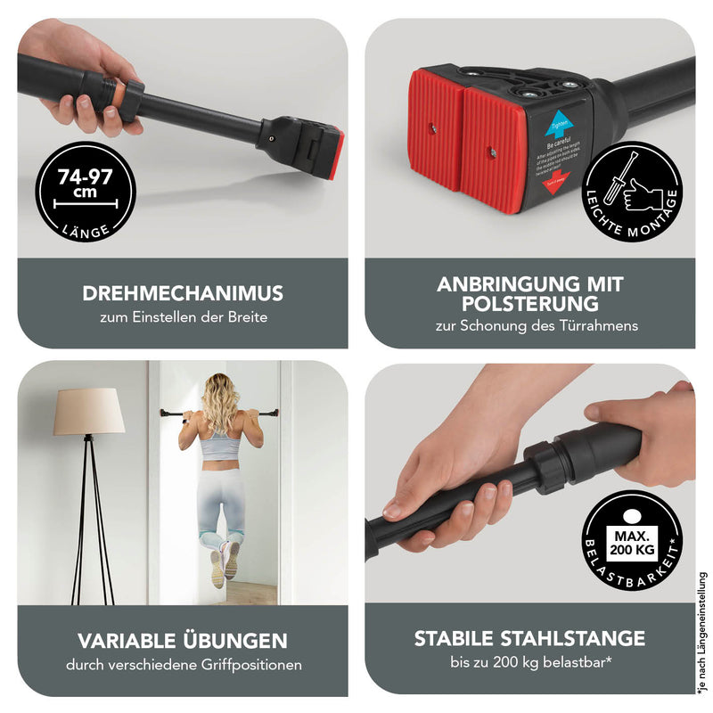 MAXXMEE Klimmzugstange ausziehbar 75-97 cm schwarz, stabile Stahlstange, Schaumstoffpolsterung, einfache Montage ohne Bohren, max. 200 kg belastbar.