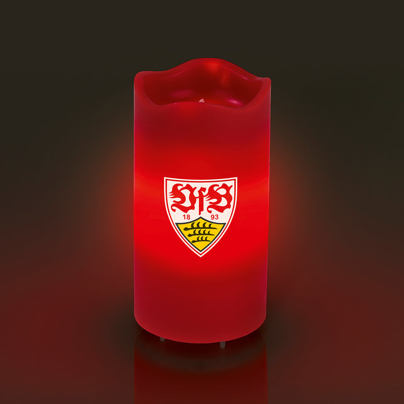 VfB Stuttgart LED-Echtwachskerze rot mit rotierendem VfB-Wappen, 3 Geschwindigkeitsstufen, Timer, batteriebetrieben oder USB.