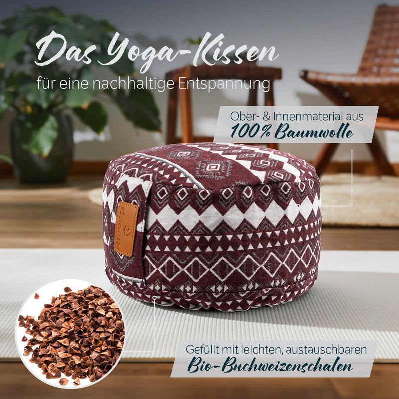 #DoYourYoga  Yoga-Kissen Vishnu - gefüllt mit Bio-Buchweizenschalen - Rund 30 x 30 x 15 cm - Style 2 (Rot-Weiß)