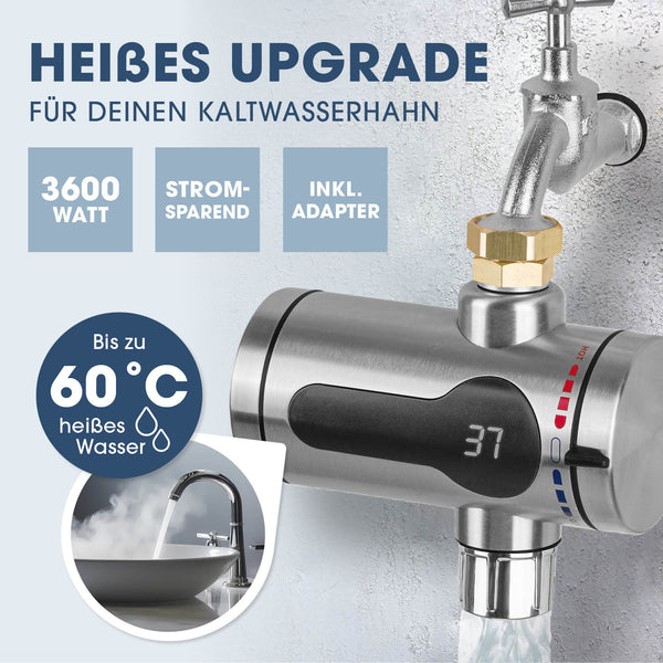 MAXXMEE Elektrischer Durchlauferhitzer für sofort Warmwasser bis 60°C, 3600W, stromsparend, einfach am Hahn mit Adapter installierbar.