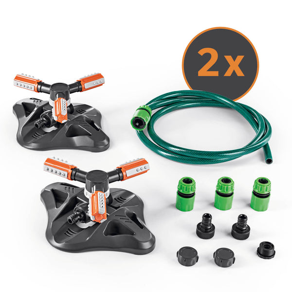 EASYmaxx 360°-Gartensprinkler - 2er-Set mit 3 rotierenden Armen, 2 m PVC-Schlauch und variabler Bewässerung für 75–150 m² Fläche.