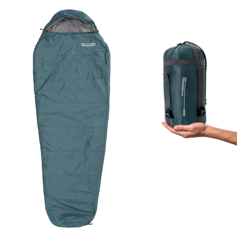 Where Tomorrow Camping Schlafsack Small & Light wasserabweisend, mumienschlafsack, mit Tasche, 220 x 80 x 50 cm, Goblinblau.