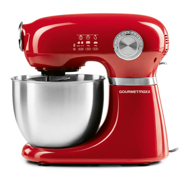 GOURMETmaxx Küchenmaschine inkl. Schneebesen, Rühreinsatz & Knethaken in Rot mit 5-Liter Edelstahlschüssel und 1000-Watt-Motor.