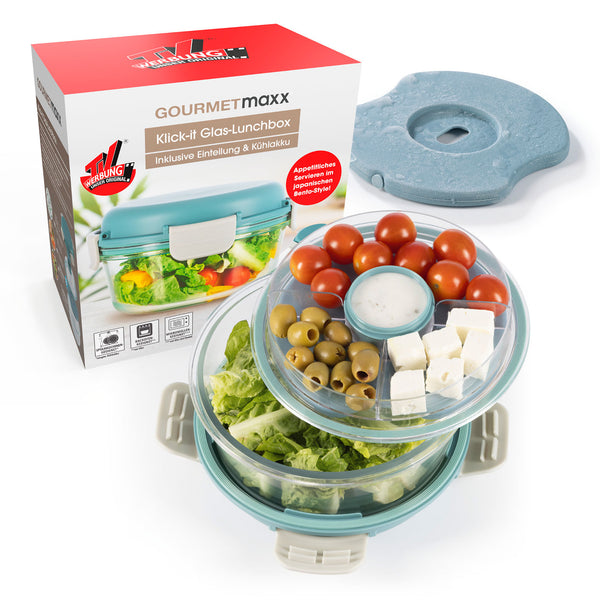 GOURMETmaxx Glas-Lunchbox Klick-it mit integriertem Kühlakku - 950 ml - grau/grün