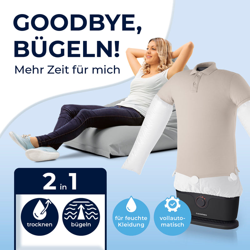 CLEANmaxx Hemdenbügler PRO automatisches Trocknen und Bügeln von Oberbekleidung, schwarz, für faltenfreie Kleidung in 10 Minuten.