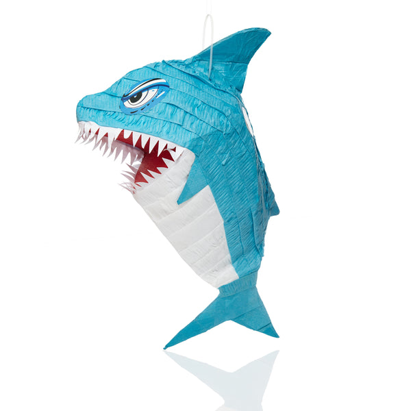 LUMALAND Pinata Set zum Befüllen inkl. Schläger & Augenbinde "Hai" - Individuell befüllbar - 38 x 19 x 65 cm