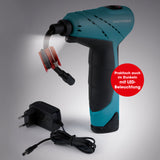 EASYmaxx Akku-Handkompressor mit LED-Beleuchtung in blau/schwarz, kabellos mit Luftschlauch und Ladegerät, ideal für Reifen und Bälle.