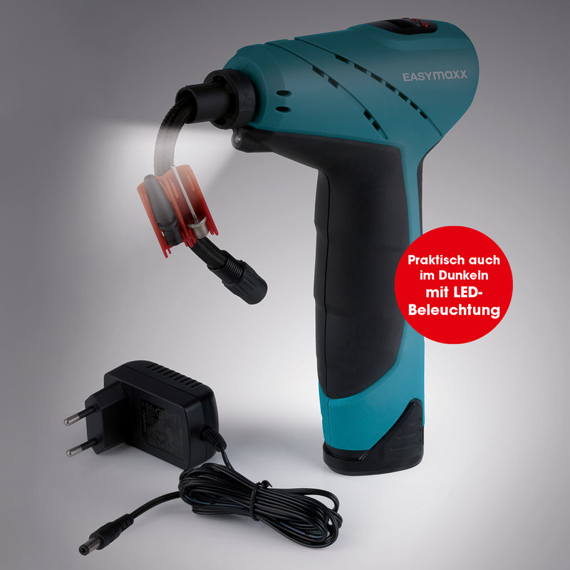 EASYmaxx Akku-Handkompressor mit LED-Beleuchtung in blau/schwarz, kabellos mit Luftschlauch und Ladegerät, ideal für Reifen und Bälle.