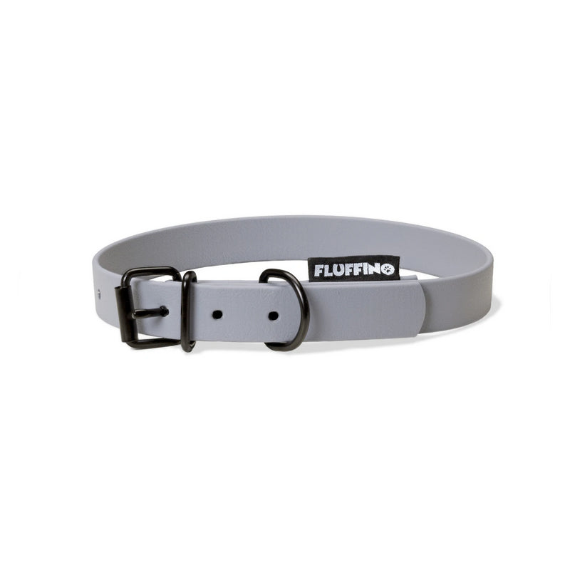 FLUFFINO® Hundehalsband aus BioThane, 5-fach verstellbar, Größe L, grau, veganer Lederersatz, wasserfest und reißfest, Made in Germany.
