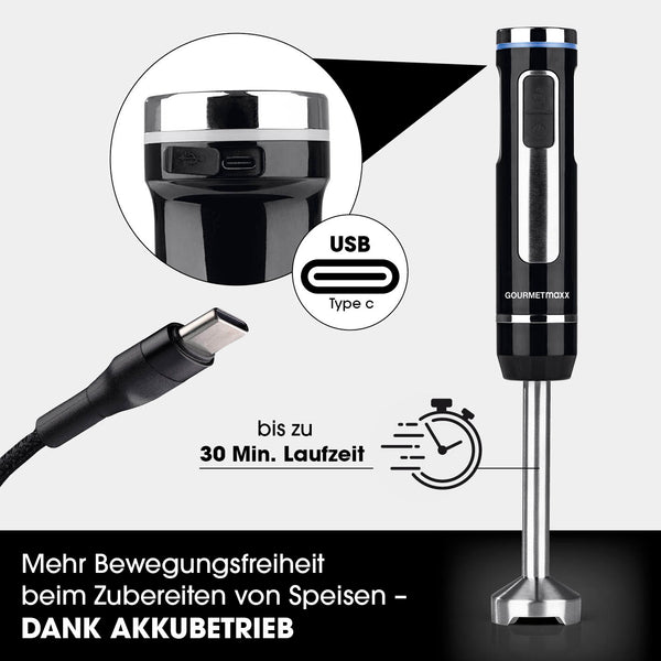 GOURMETmaxx Akku-Stabmixer kabellos mit USB-C, 30 Min. Laufzeit, Edelstahlklingen, ideal zum Mixen, Pürieren und Schlagen.