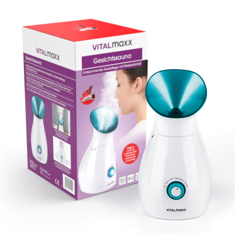 VITALmaxx Gesichtssauna 3in1 weiß/blau mit 200ml Tank für Nano-Dampf, Porenöffnung, Luftbefeuchtung und Handtuchwärmer.