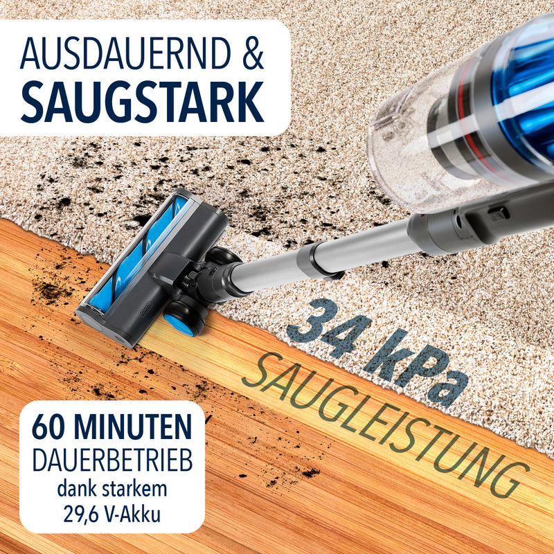 CLEANmaxx AeroTec 500 Staubsauger mit Absaugstation in Grau/Silber mit 34 kPa Saugleistung und 60 Minuten Akkulaufzeit.