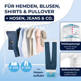 CLEANmaxx Hemdenbügler PRO mit Hosenaufsatz zeigt Teleskopstange, Reißverschluss und Kleidungsstücke von S bis XXL.