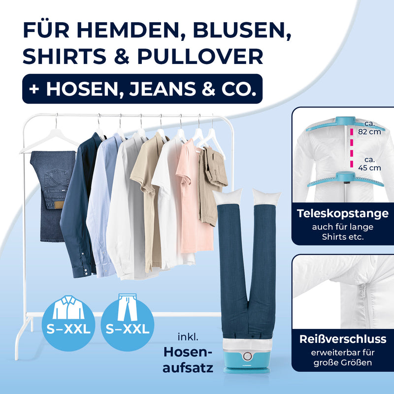 CLEANmaxx Hemdenbügler PRO mit Hosenaufsatz zeigt Teleskopstange, Reißverschluss und Kleidungsstücke von S bis XXL.