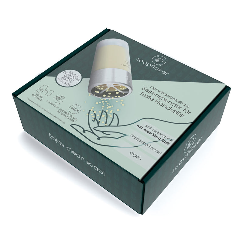 soapflaker Seifenspender für feste Handseife in Silber mit Aloe-Vera duft, hygienisch und nachhaltig portionierend, vegan und nachfüllbar.