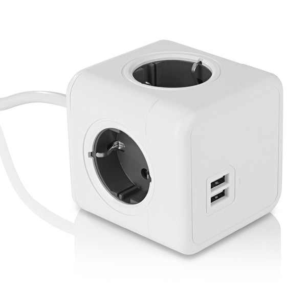 MAXXMEE Steckdosen-Würfel mit 4 Steckdosen und 2 USB-Anschlüssen, platzsparendes Design, 1,5 m Kabel, Halterung inklusive.