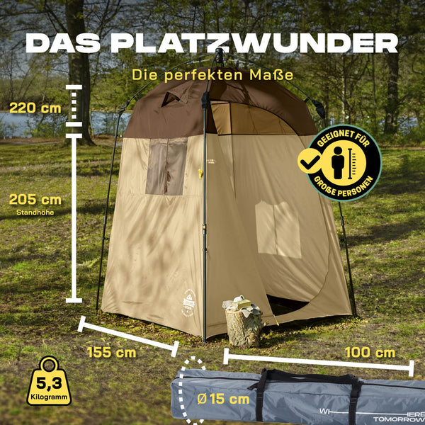 Where Tomorrow - Pop up Duschzelt - 10 Sek. Quick-up-Aufbau - 220 cm hoch - Braun