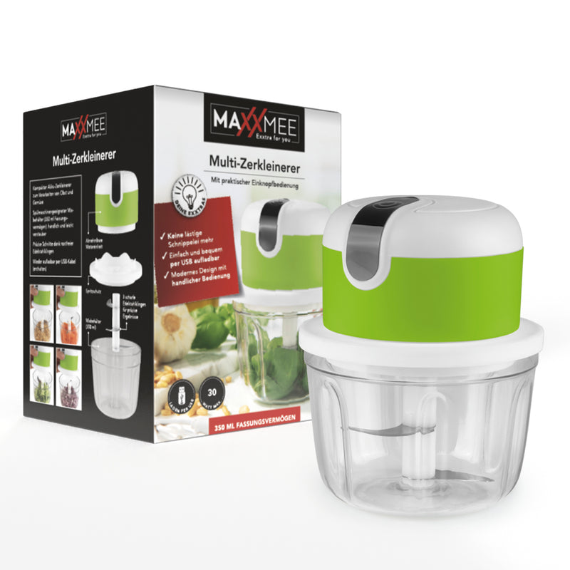 MAXXMEE Multi-Zerkleinerer mit USB-Kabel weiß/limegreen, kompakter Akku-Zerkleinerer mit 350 ml Mixbehälter und Edelstahlklingen