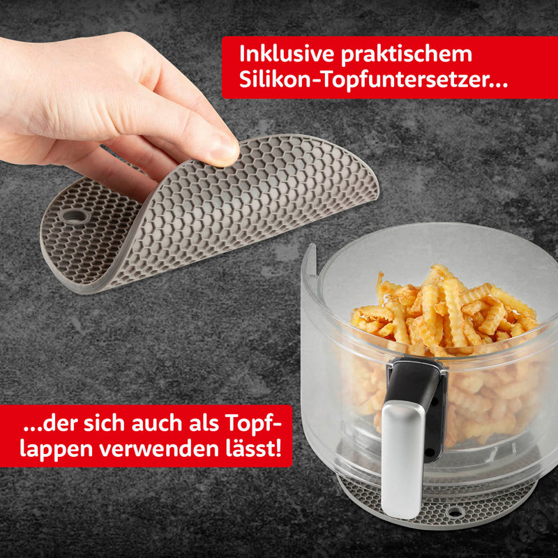 GOURMETmaxx Heißluft-Fritteuse Digital mit Glas-Garkorb 3,3 l schwarz mit praktischem Silikon-Topfuntersetzer und Topflappenfunktion.