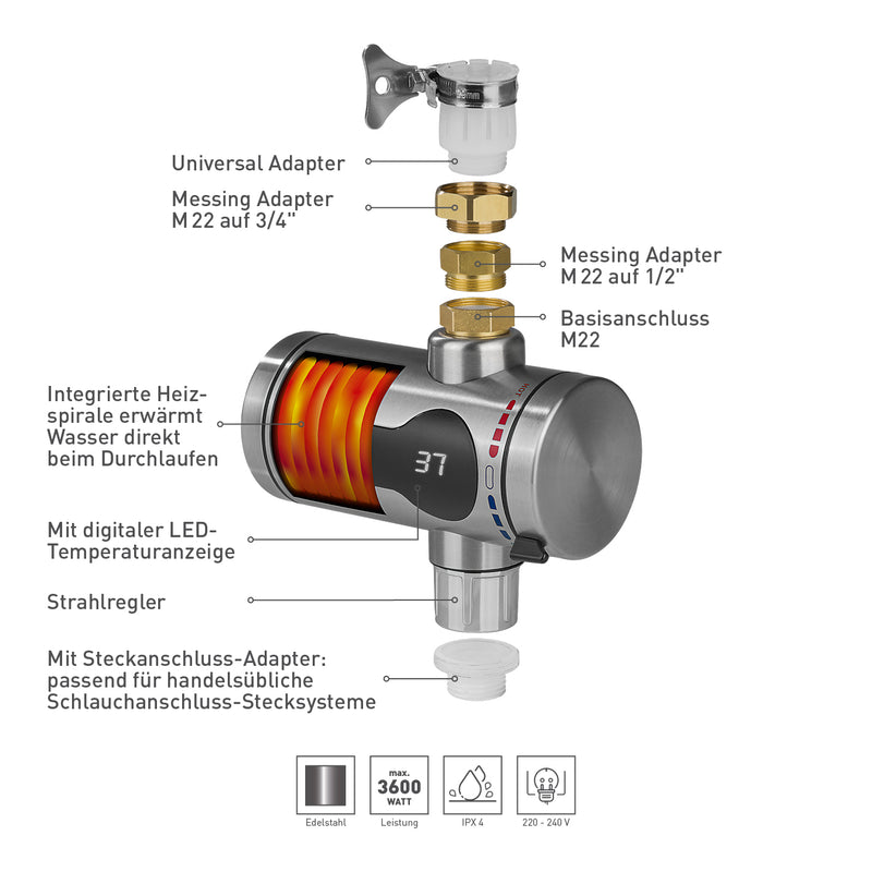 GARVIDA Durchlauferhitzer Kompakt Edelstahl/schwarz mit Heizspirale, digitaler LED-Temperaturanzeige und Adapter für Wasserschlauchanschluss.