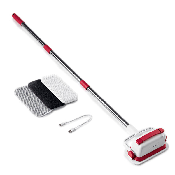 CLEANmaxx Akku-Scheuerbürste weiß/rot mit 3 Reinigungsaufsätzen, kabellos, bis 80 Min. Akku, individuell zusammensetzbarer Stiel bis 120 cm.