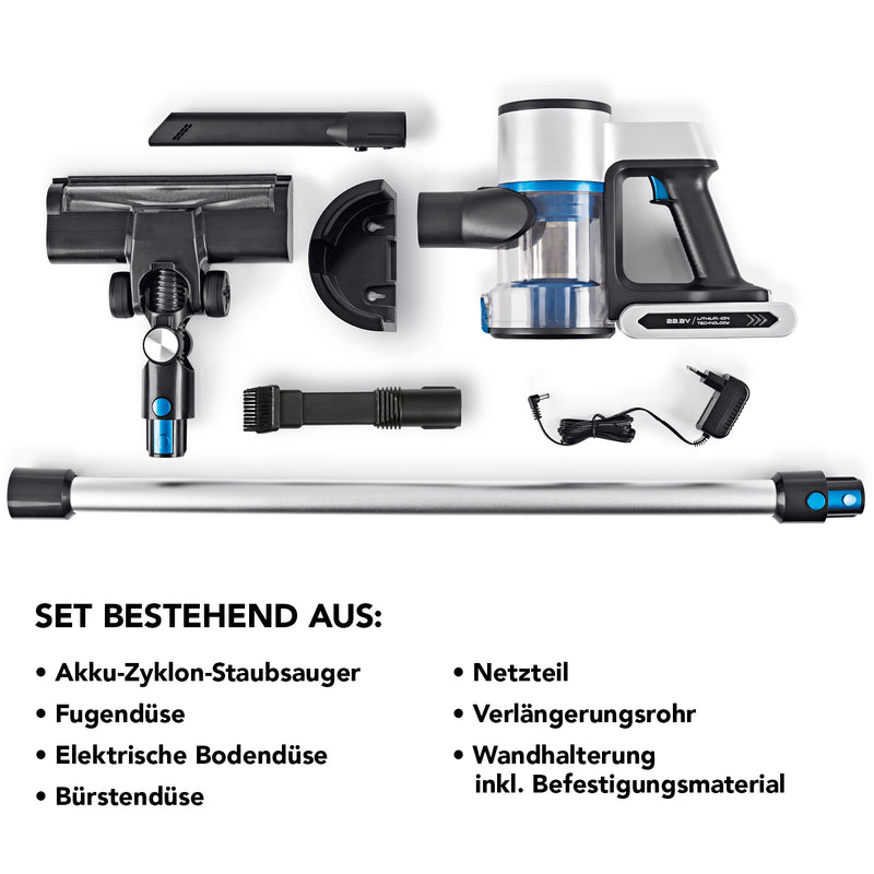 CLEANmaxx Akku-Zyklon-Staubsauger Digital-Display mit Zubehörset inkl. Bodendüse, Fugendüse, Bürstendüse, Verlängerungsrohr und Wandhalterung.