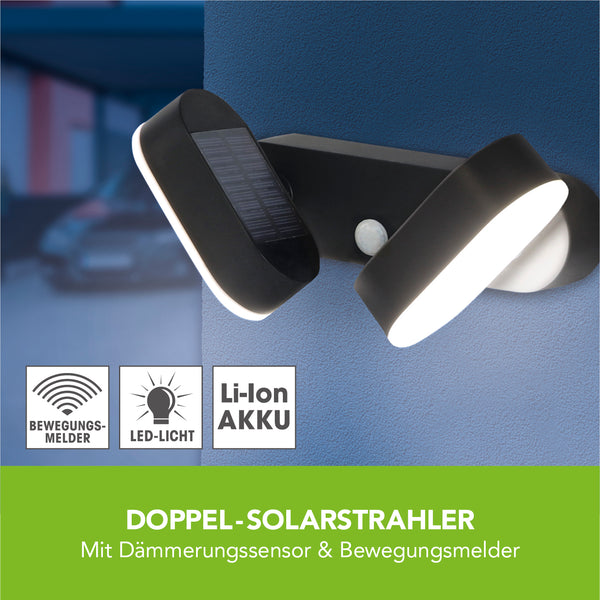 EASYmaxx Doppel-Solarstrahler mit Bewegungsmelder, 2 verstellbare Spots, LED Licht, solarbetrieben, spritzwassergeschützt IP44, energiesparend.