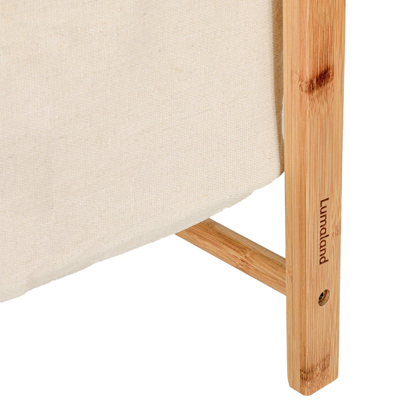 LUMALAND Kleiderständer aus Bambus in Beige, robuste Konstruktion mit integriertem Ablagefach, Maße 159 x 60 x 45 cm.