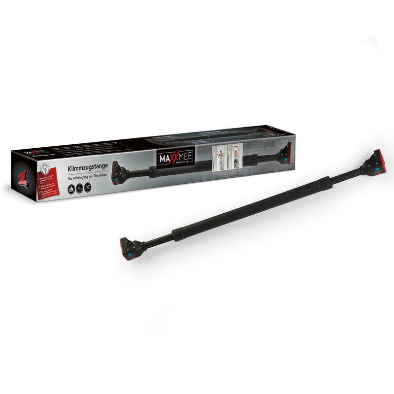 MAXXMEE Klimmzugstange ausziehbar von 75-97 cm, schwarz, einfache Montage ohne Bohren, stabil bis 200 kg, mit Schaumstoffummantelung.