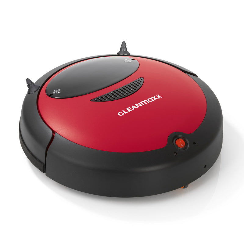 CLEANmaxx Saugroboter 2in1 in Rot-Schwarz mit Wischfunktion, sensorgesteuerter Navigation und kompakter Bauweise.