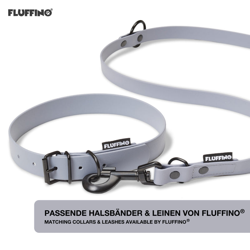 FLUFFINO® Hundehalsband aus BioThane, 5-fach verstellbar, Größe L, Grau, wasserfest und reißfest, Made in Germany.