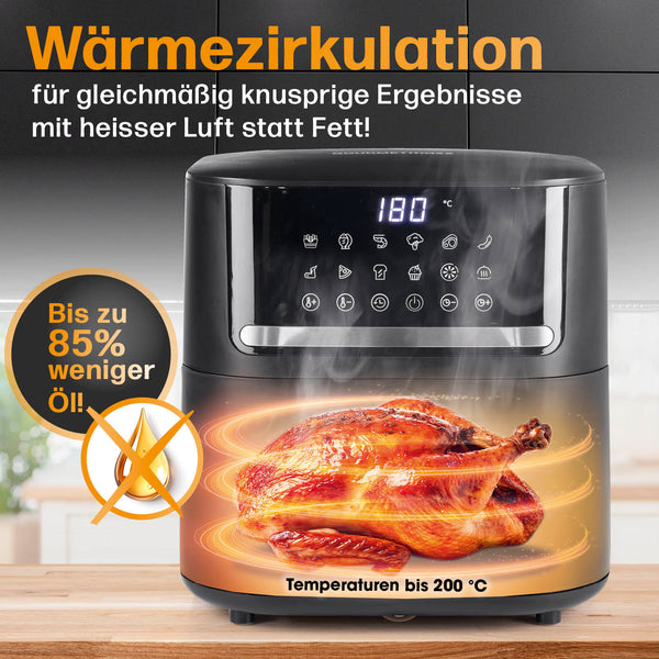 GOURMETmaxx 4in1-Heißluftfritteuse 1600 W, 6 L mit Touchdisplay für fettarmes, knuspriges Garen bis 200 °C und Timerfunktion.