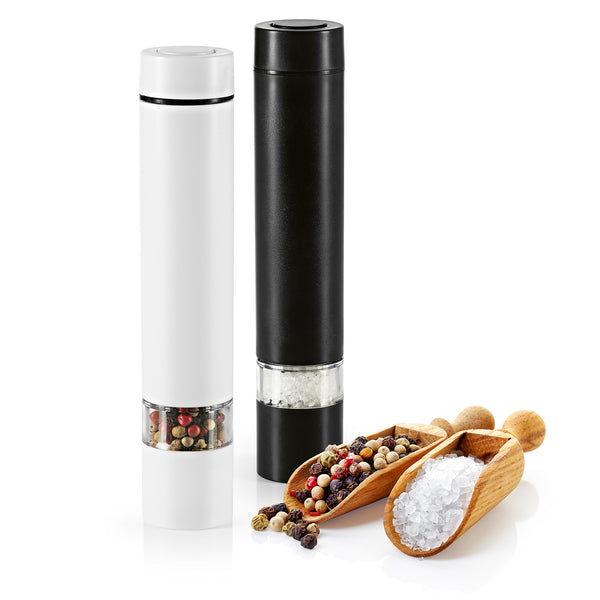 GOURMETmaxx Salz- & Pfeffermühle 2-tlg. weiß/schwarz mit elektrischem Keramikmahlwerk für Salz und Pfeffer auf Knopfdruck.