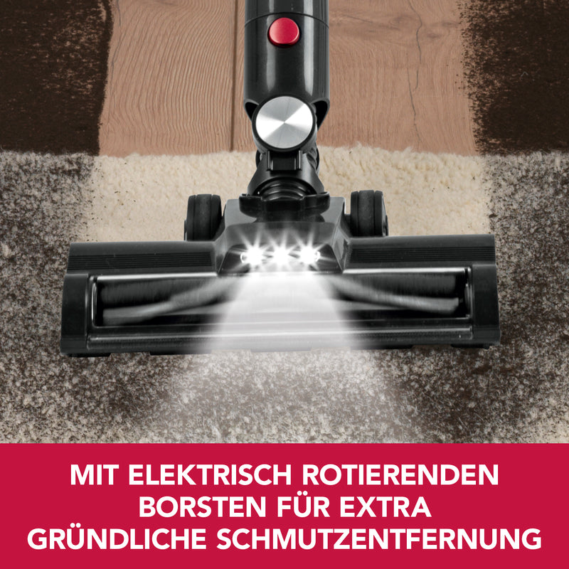 CLEANmaxx Akku-Zyklon-Staubsauger Digital-Display mit elektrisch rotierender Borsten-Bodendüse für gründliche Schmutzentfernung.