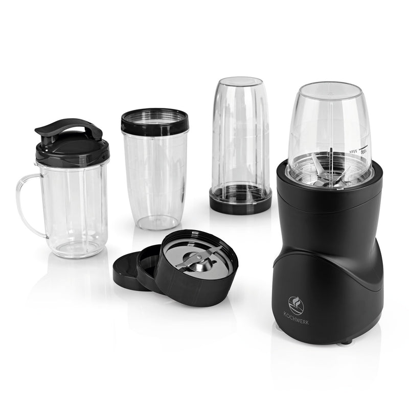 KOCHWERK Multifunktions-Mixer Schwarz mit 8 Funktionen, inklusive To-go-Deckel, ideal für Smoothies, Kaffee mahlen und Eiscrushen.