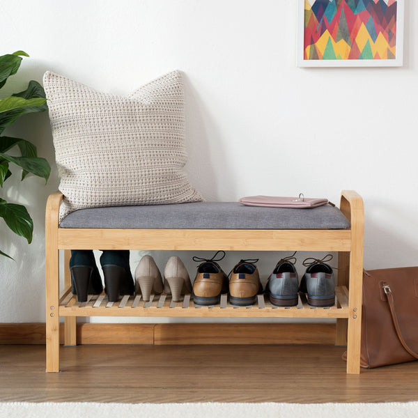 LUMALAND - Schuhregal aus Bambus mit Sitzbank - 90 x 50 x 30 cm - Grau