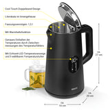 N8WERK Digitaler Wasserkocher mit Temperatureinstellung Midnight Black Edition, 1,5 L, LED-Display, Warmhaltefunktion, Doppelwand-Design.