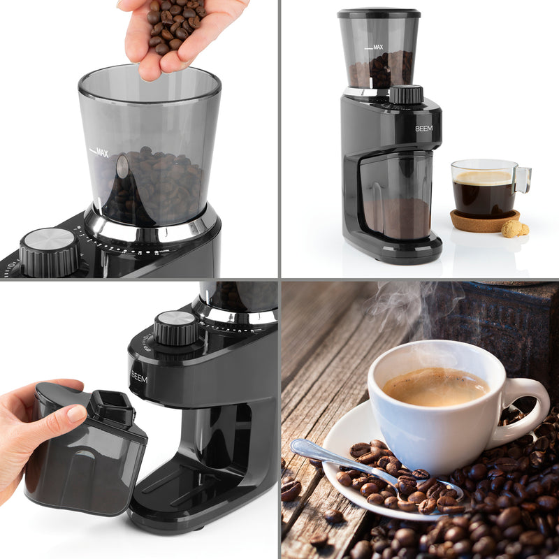 GRIND-INTENSE Elektrische Kaffeemühle - 160 g mit 15 Mahlstufen, Edelstahl-Kegelmahlwerk und abgedunkeltem Bohnenbehälter.