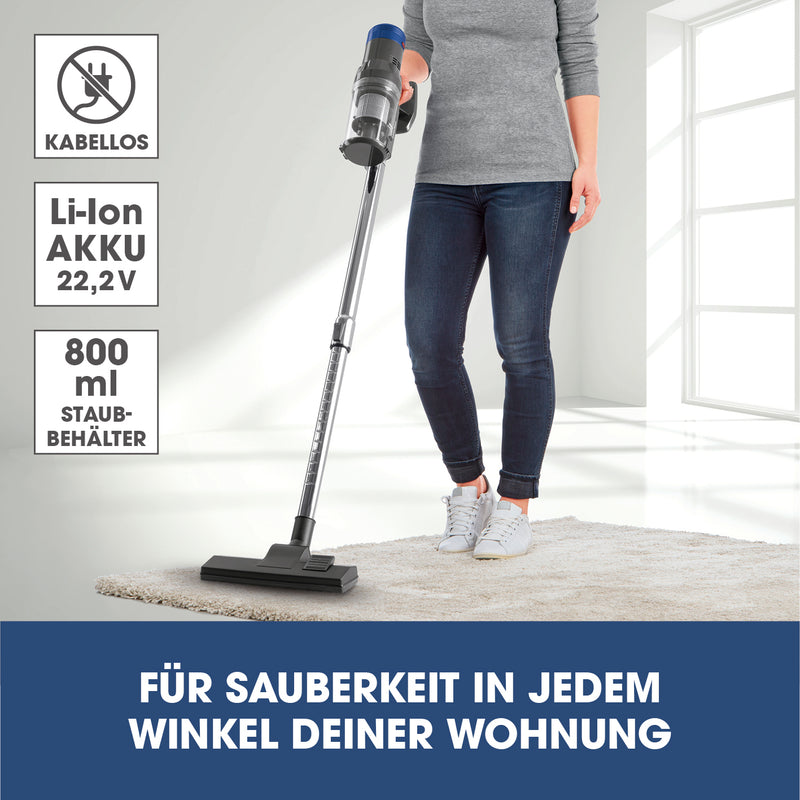 CLEANmaxx Kabelloser Hand- und Bodenstaubsauger mit Zyklontechnologie in anthrazit/blau, kabellos, 22,2 V Li-Ion Akku, 800 ml Staubbehälter.