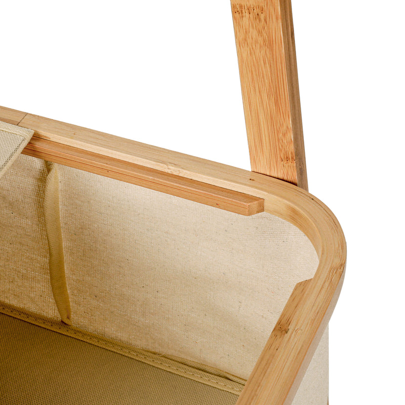 LUMALAND Kleiderständer aus Bambus - 159 x 60 x 45 cm, beige mit robustem Rahmen und integriertem Ablagefach für Schuhe und Accessoires.