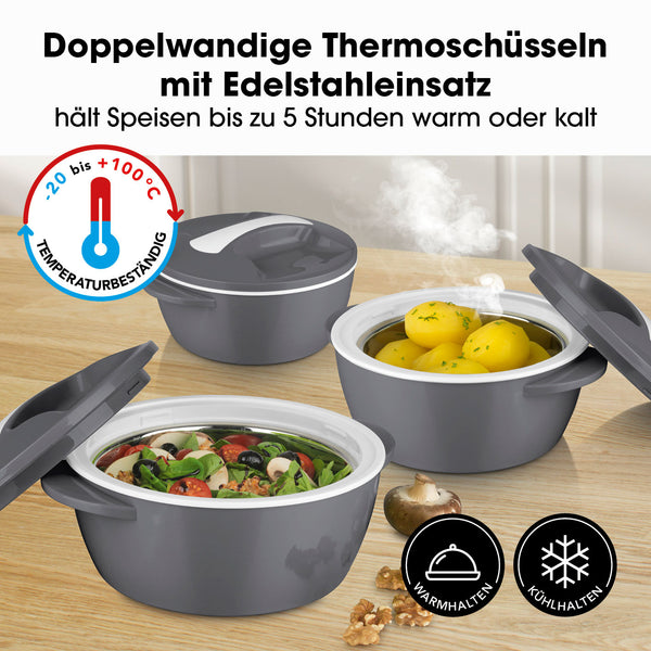 MAXXMEE Thermo-Schüssel Mikrowelle - 3er-Set (450 ml + 850 ml + 1400 ml) - grau/weiß