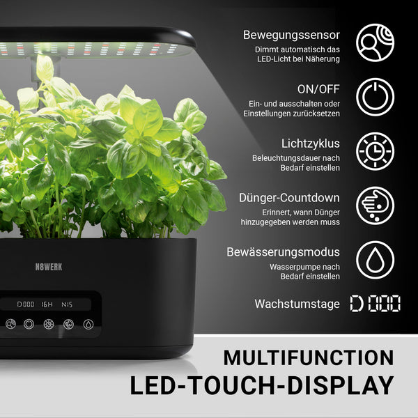 N8WERK Hydroponische Pflanzenanzuchtstation mit Display und multifunktionalem LED-Touch-Display für automatisches Pflanzenwachstum.