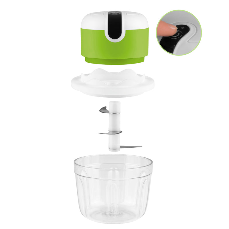 MAXXMEE Multi-Zerkleinerer mit USB-Kabel weiß/limegreen, kompakt, mit 350 ml Mixbehälter und Edelstahlklingen, wiederaufladbar per USB.