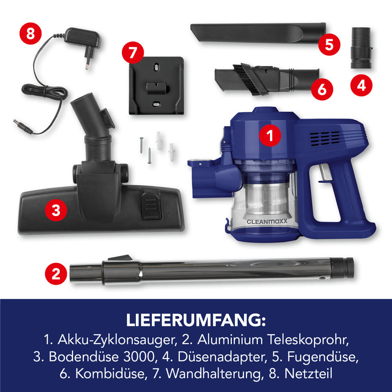 CLEANmaxx Akku-Zyklon-Staubsauger blau/silber mit Teleskoprohr, Bodendüse, Fugendüse, Kombidüse und Netzteil für vielseitige Anwendung.