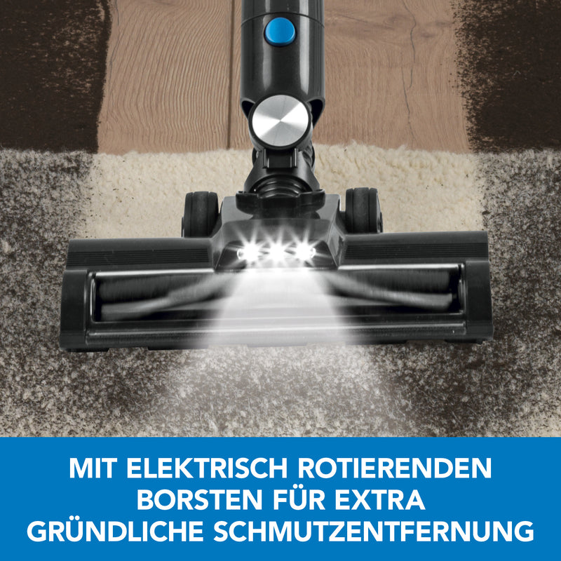 CLEANmaxx Akku-Zyklon-Staubsauger Digital-Display mit Spezial-Bodendüse und elektrisch rotierenden Borsten in anthrazit/silber/blau.