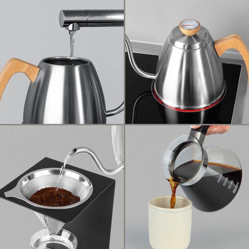 POUR OVER Wasserkessel mit Thermometer aus Edelstahl und Buchenholz, schmaler Schwanenhals für präzises Aufgießen, 0,9 l Fassungsvermögen.
