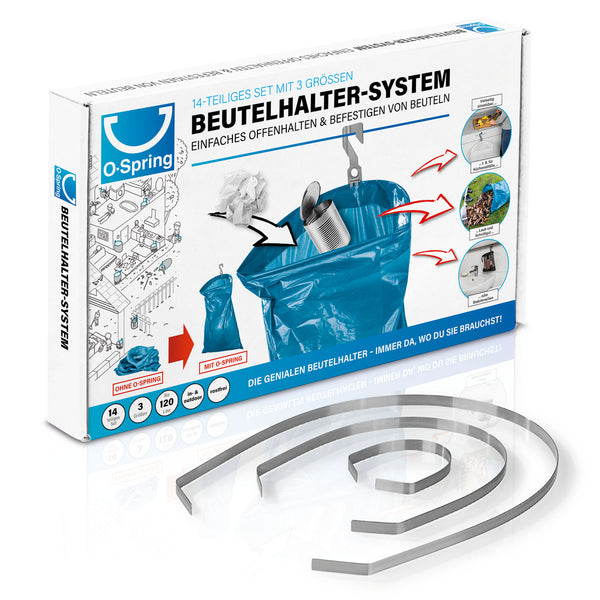 O'Spring Beutelhalter-System mit Spannfedern in 3 Größen zur einfachen Befestigung und offenem Halten von Beuteln bis 120 Liter Volumen.